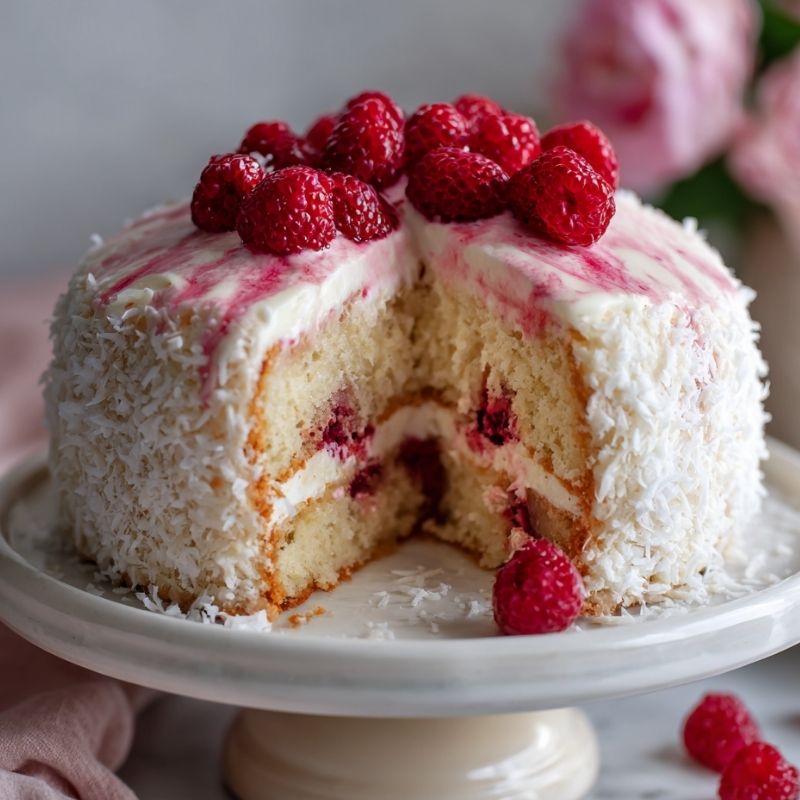 Whimsical Raspberry Swirl Coconut Snowball Cake