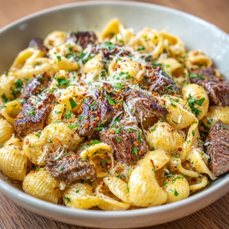Garlic Butter Steak Bites Shell Pasta With Parmesan Cream - PP27 Thumb Garlic Butter Steak Bites Shell Pasta