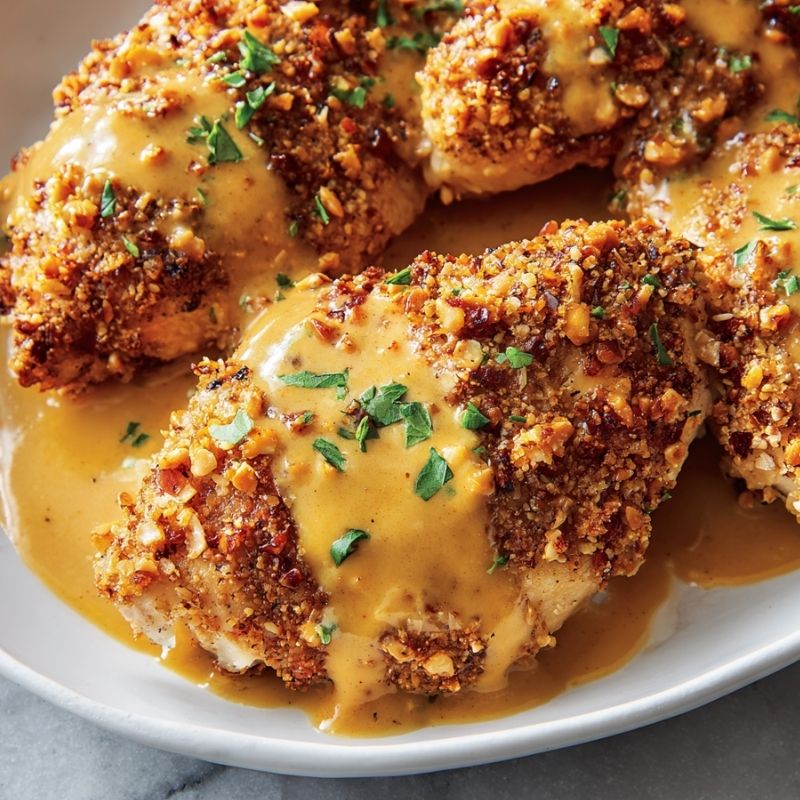 Best Crispy Pretzel Chicken With Mustard-Cheddar Sauce