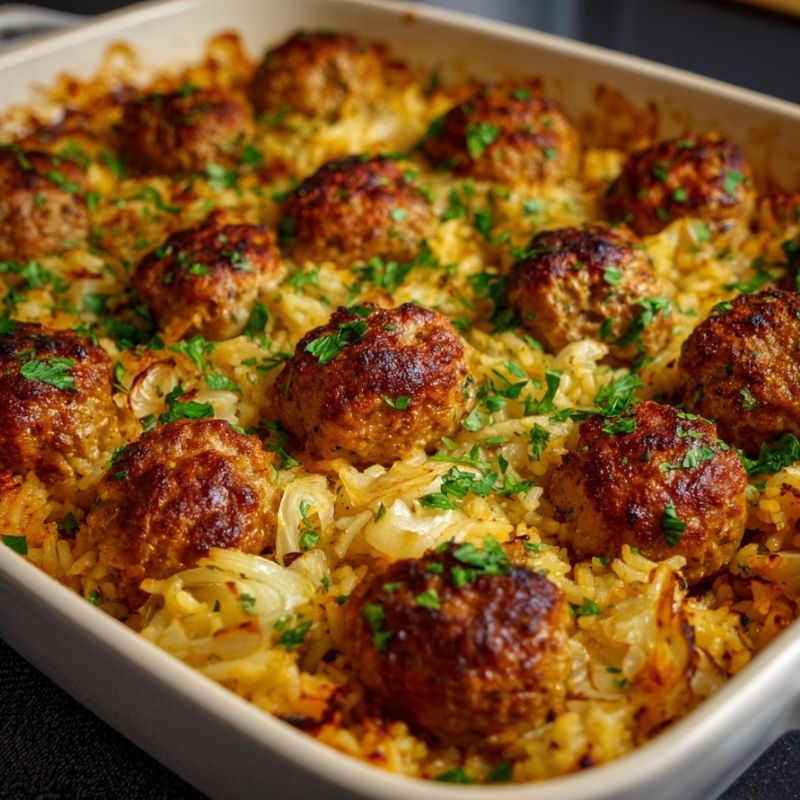 Comforting Honey Garlic Meatball Rice Bake