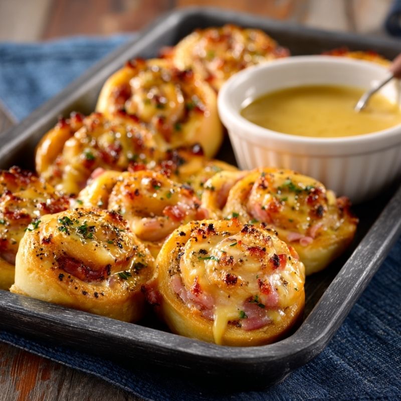 Hearty Baked Ham And Cheese Rolls With Honey Mustard Sauce