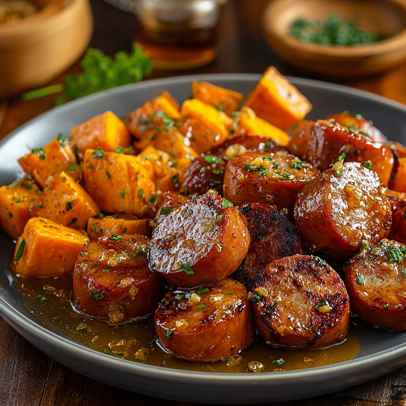 Flavorful Sausage And Sweet Potatoes With Honey Garlic Sauce