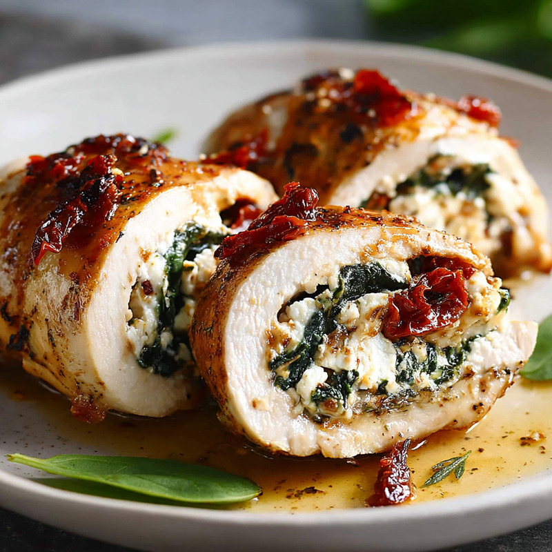 Stuffed Rolled Up Chicken With Feta, Spinach, And Sun-Dried Tomatoes