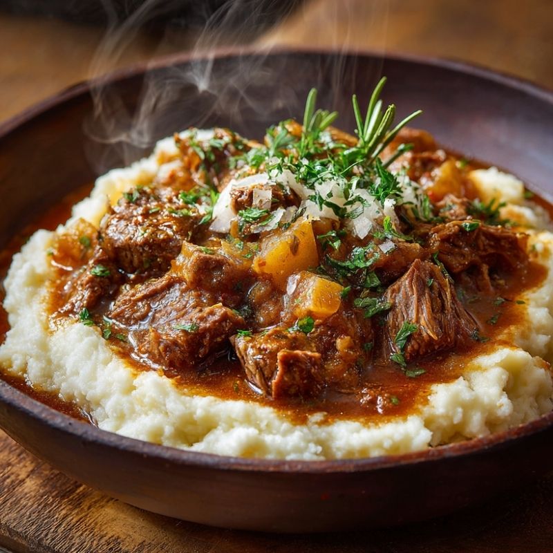 Aromatic Fall Apple Cider Beef Stew Over Mashed Potatoes