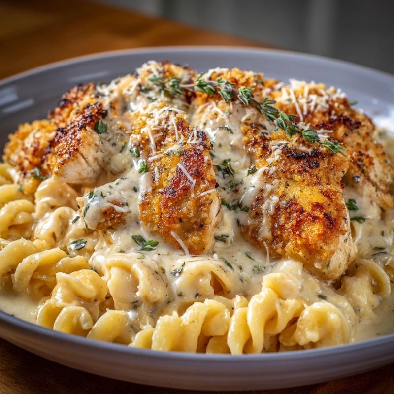 Hearty Creamy Garlic Parmesan Chicken with Cheesy Twisted Pasta