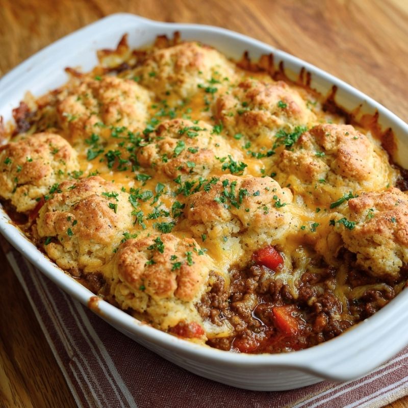 Satisfying Cheddar Bay Ground Beef Cobbler