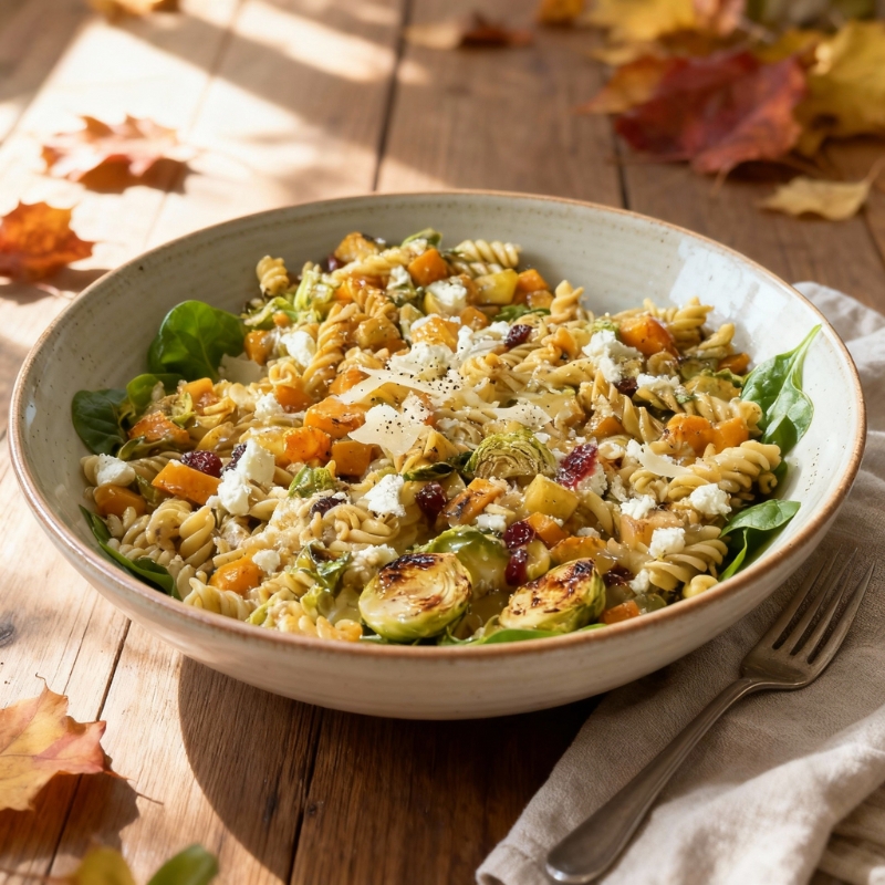 Flavorful Fall Pasta Salad With Butternut Squash And Brussels