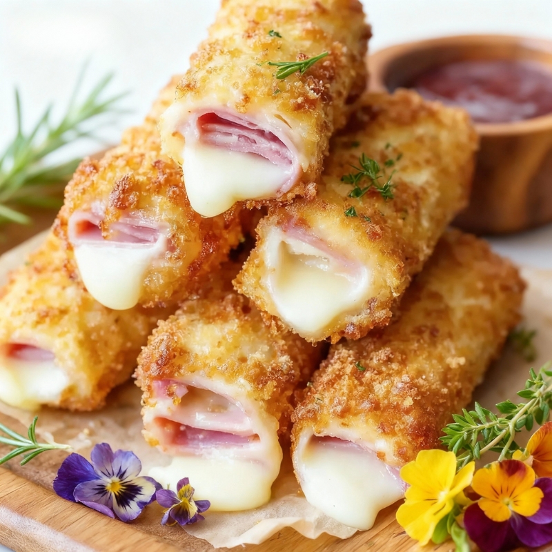 Golden Baked Ham and Cheese Mozzarella Sticks