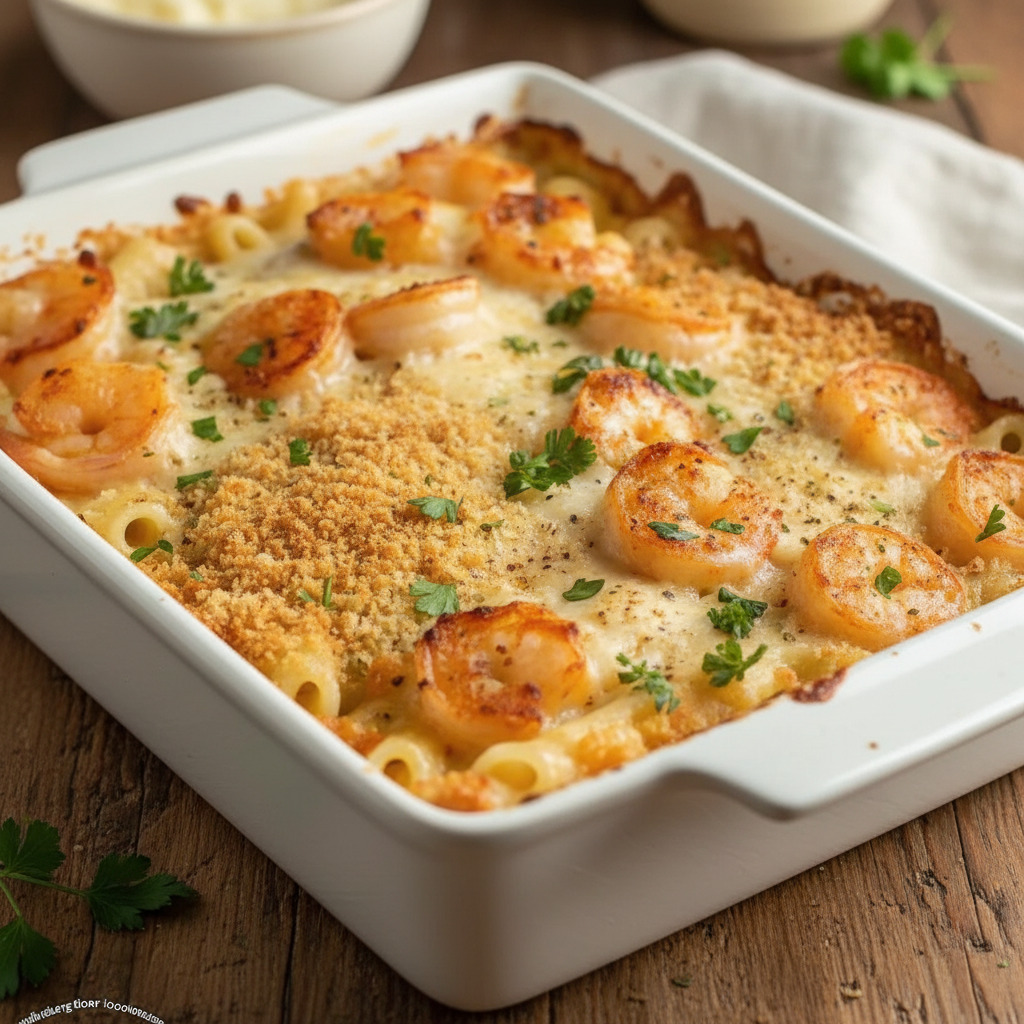 Crispy Topped Shrimp Scampi Pasta Bake
