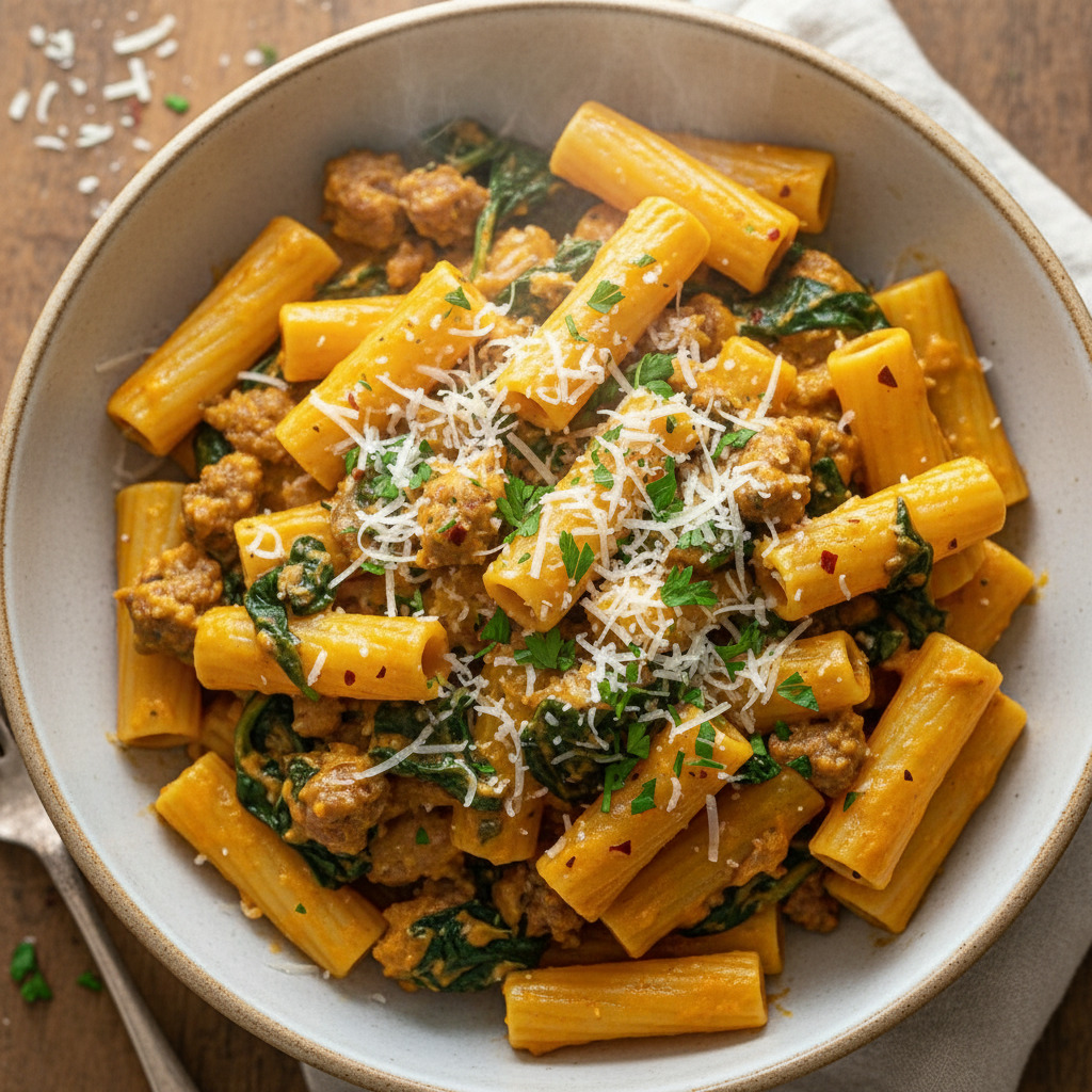 Hearty Butternut Squash Pasta With Sausage And Spinach