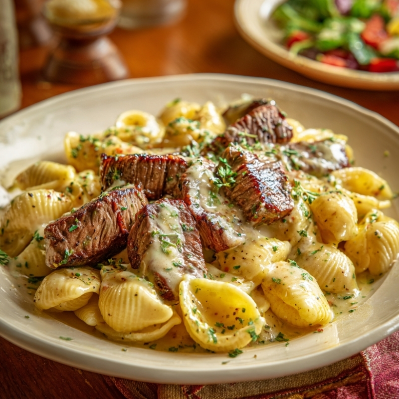 Succulent Steak Bites And Shell Pasta In Garlic Butter Alfredo Sauce
