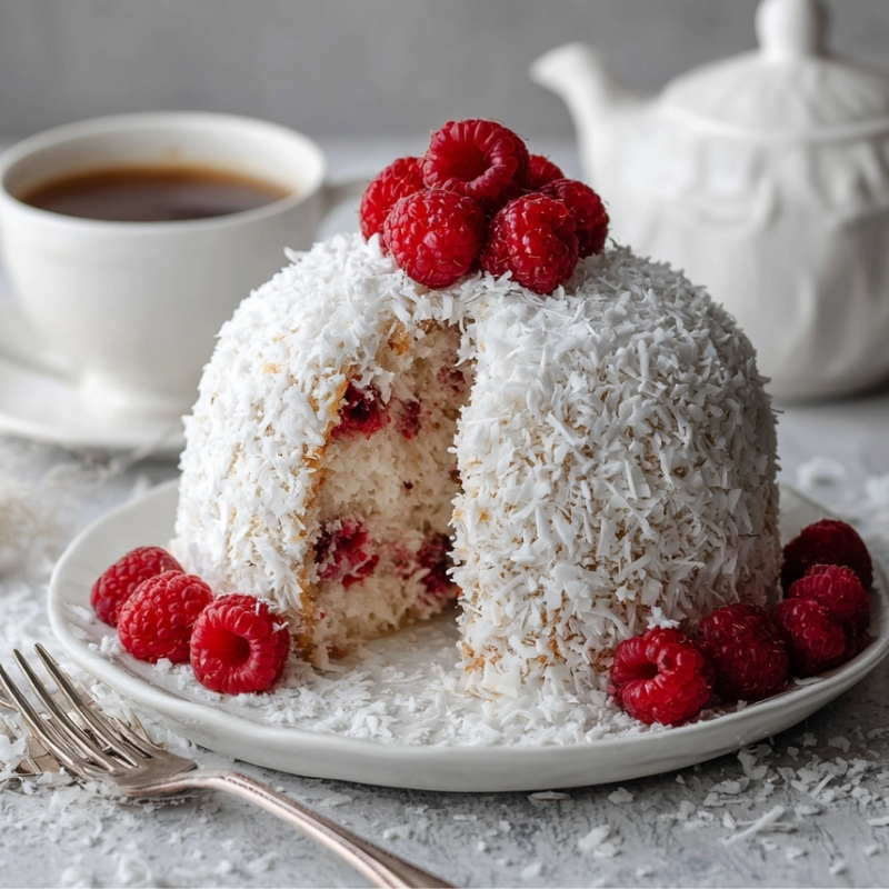Delicious Raspberry Coconut Snowball Cake